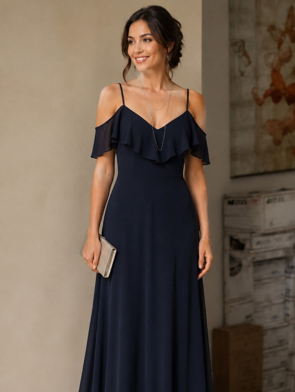 Levkoff Jodi Size 10 Womens Navy Blue Chiffon Draped A-Line Gown Dress
